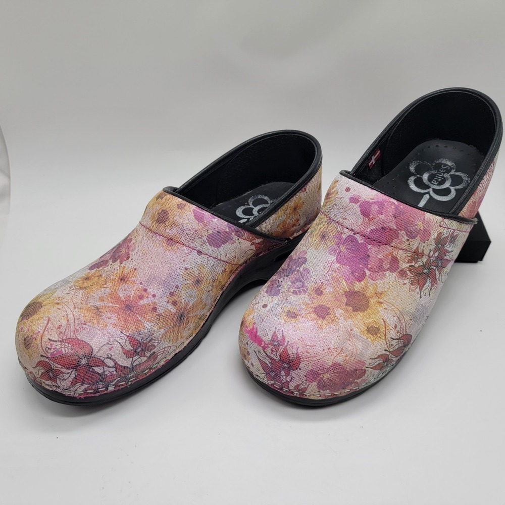 Sanita 40 Pink Iridescent Floral Print Clogs Slip-on 9.5/10 Comfort Nurse Shoes